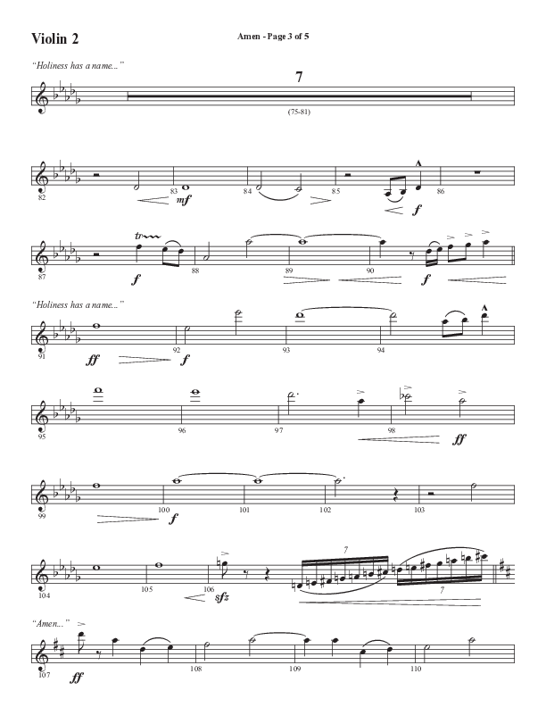 Amen (Choral Anthem SATB) Violin 2 (Word Music / Arr. David Wise / Orch. David Shipps)