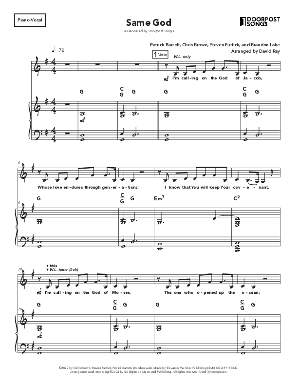 Same God (Kids) Piano/Melody (Doorpost Songs / Dave and Jess Ray)