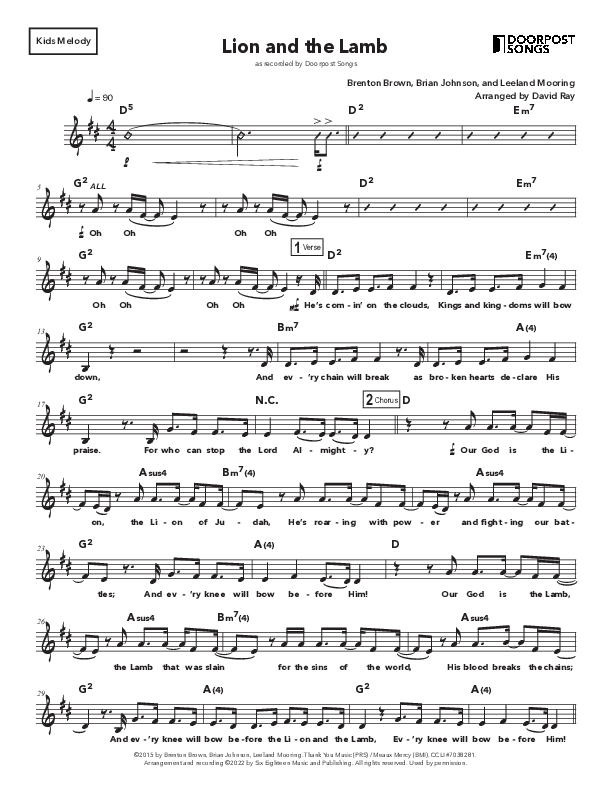 Lion And The Lamb Lead Sheet Melody (Doorpost Songs / Dave and Jess Ray)