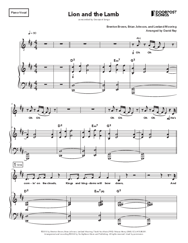 The Lion And The Lamb (Kids) Piano/Melody (Doorpost Songs / Dave and Jess Ray)