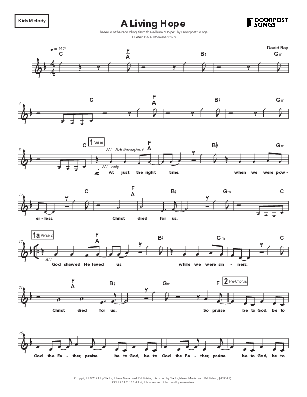 A Living Hope Lead Sheet Melody (Doorpost Songs / Dave and Jess Ray)