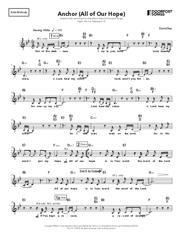 Anchor (All Our Hope) Lead Sheet Melody (Doorpost Songs / Dave and Jess Ray)