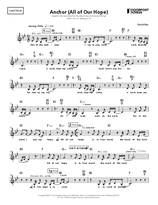 Anchor (All Our Hope) Piano/Vocal Pack (Doorpost Songs / Dave and Jess Ray)