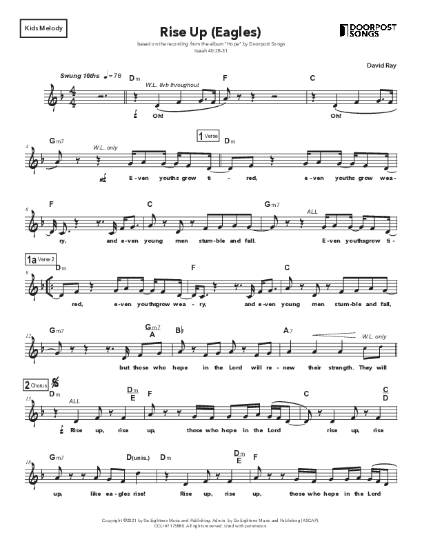 Rise Up (Eagles) Lead Sheet Melody (Doorpost Songs / Dave and Jess Ray)