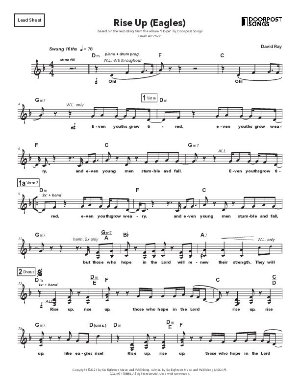 Rise Up (Eagles) Piano/Vocal Pack (Doorpost Songs / Dave and Jess Ray)