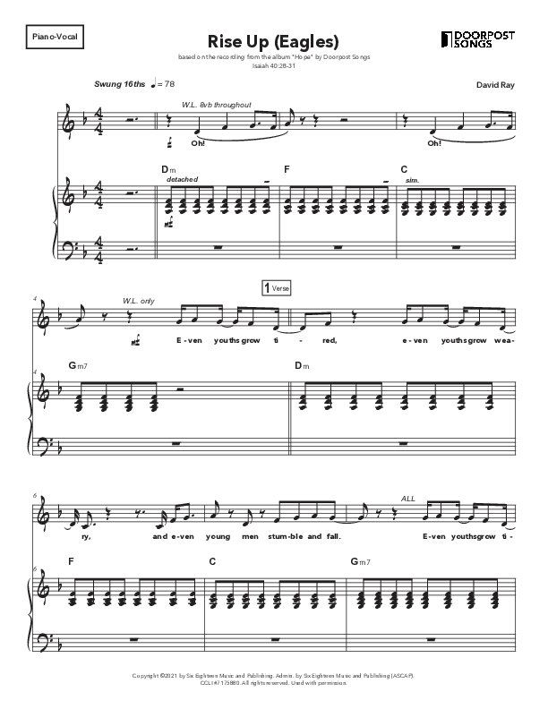 Rise Up (Eagles) Piano/Melody (Doorpost Songs / Dave and Jess Ray)