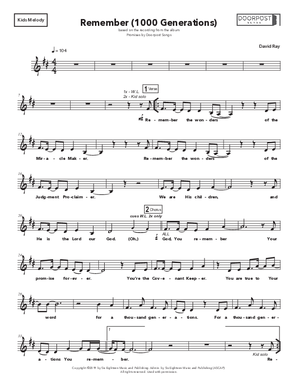 Remember (1000 Generations) Lead Sheet Melody (Doorpost Songs / Dave and Jess Ray)