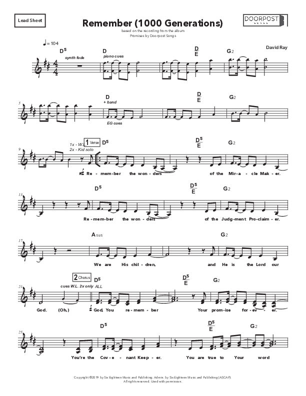 Remember (1000 Generations) Piano/Vocal Pack (Doorpost Songs / Dave and Jess Ray)