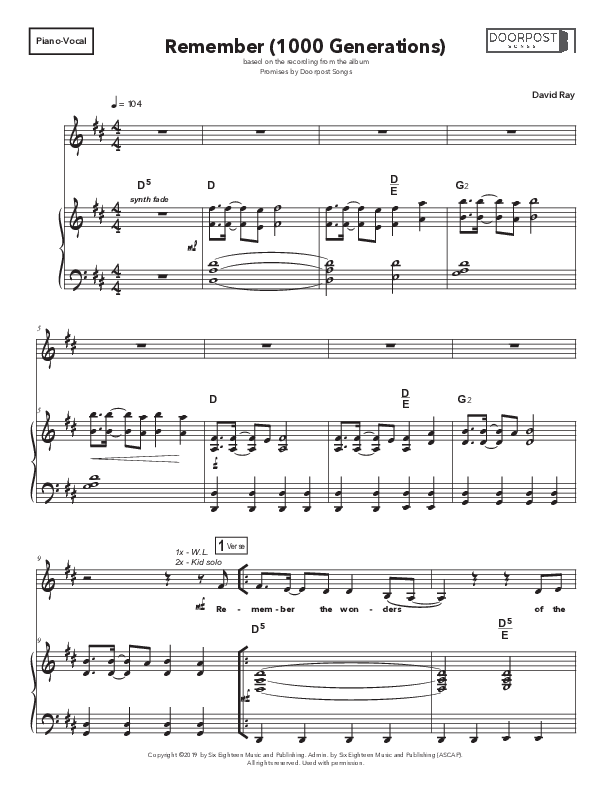 Remember (1000 Generations) Piano/Melody (Doorpost Songs / Dave and Jess Ray)