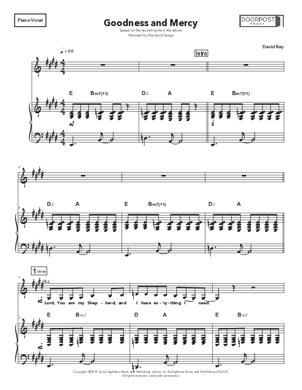 Goodness And Mercy Piano/Melody (Doorpost Songs / Dave and Jess Ray)