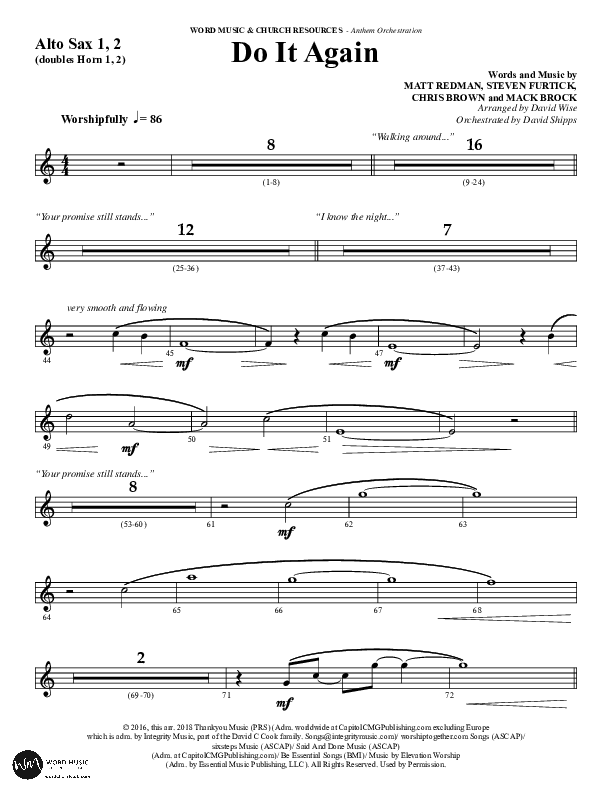 Do It Again (Choral Anthem SATB) Alto Sax 1/2 (Word Music / Arr. David Wise)
