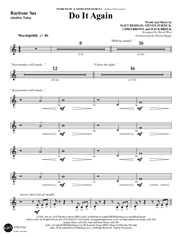 Do It Again (Choral Anthem SATB) Bari Sax (Word Music / Arr. David Wise)