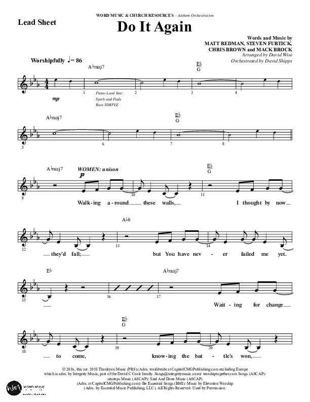 Do It Again (Choral Anthem SATB) Lead Sheet (Melody) (Word Music / Arr. David Wise)