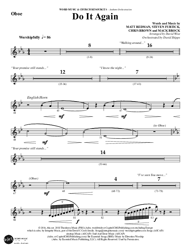 Do It Again (Choral Anthem SATB) Oboe (Word Music / Arr. David Wise)