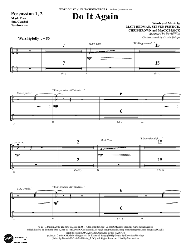 Do It Again (Choral Anthem SATB) Percussion 1/2 (Word Music / Arr. David Wise)