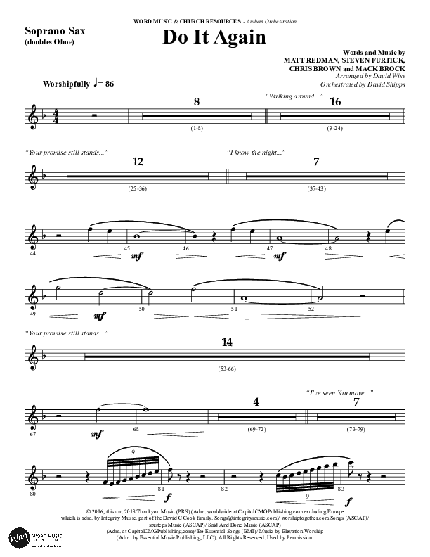 Do It Again (Choral Anthem SATB) Soprano Sax (Word Music / Arr. David Wise)