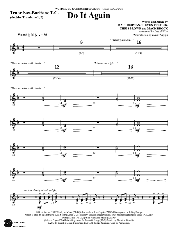 Do It Again (Choral Anthem SATB) Tenor Sax/Baritone T.C. (Word Music / Arr. David Wise)