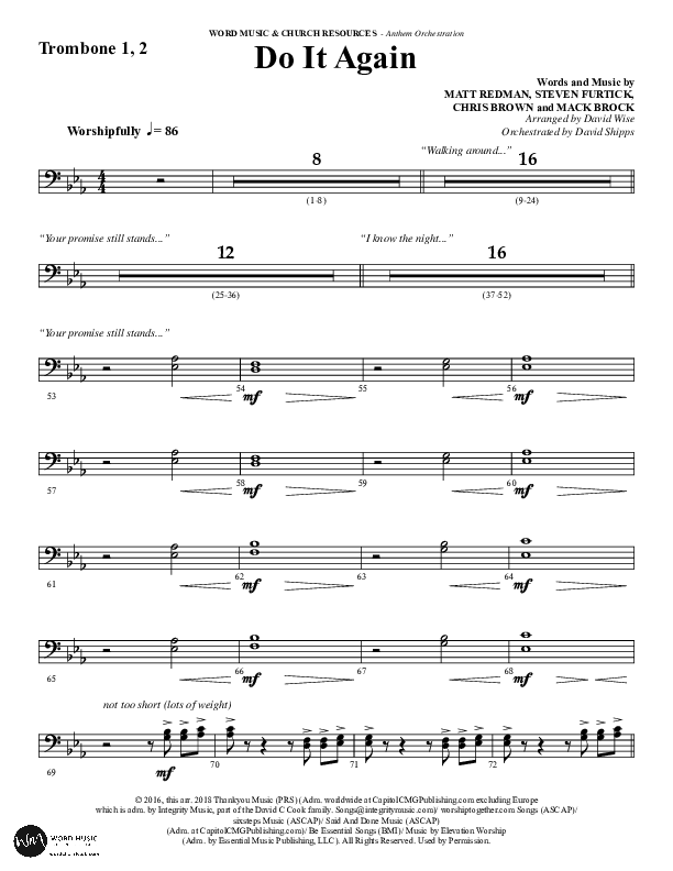 Do It Again (Choral Anthem SATB) Trombone 1/2 (Word Music / Arr. David Wise)