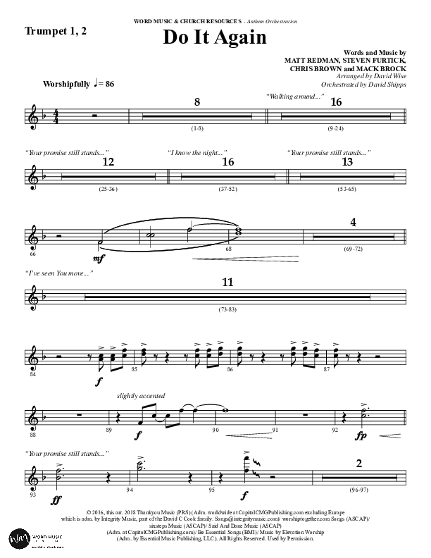 Do It Again (Choral Anthem SATB) Trumpet 1,2 (Word Music / Arr. David Wise)