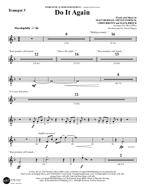 Do It Again (Choral Anthem SATB) Trumpet 3 (Word Music / Arr. David Wise)