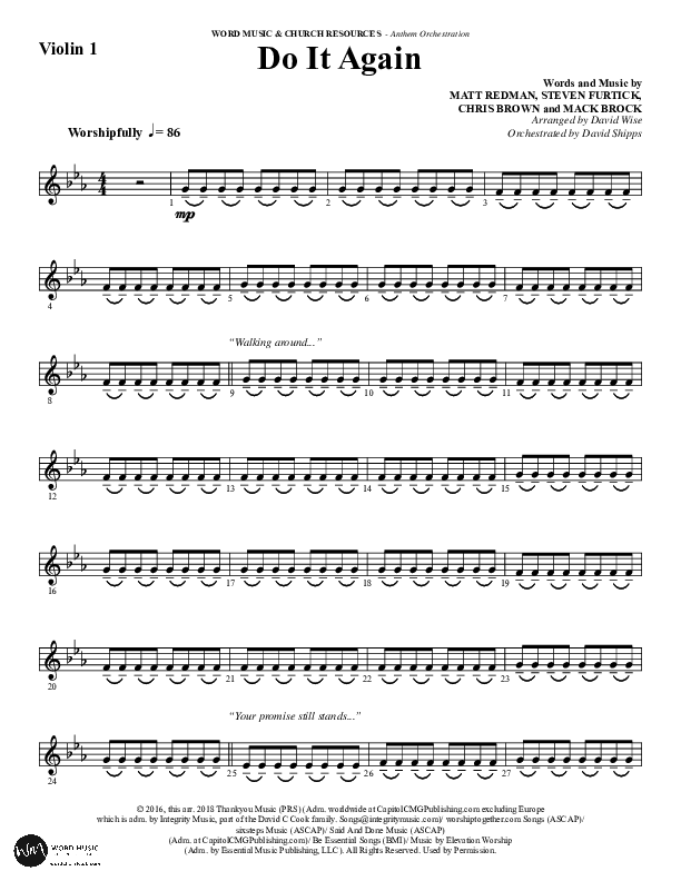 Do It Again (Choral Anthem SATB) Violin 1 (Word Music / Arr. David Wise)