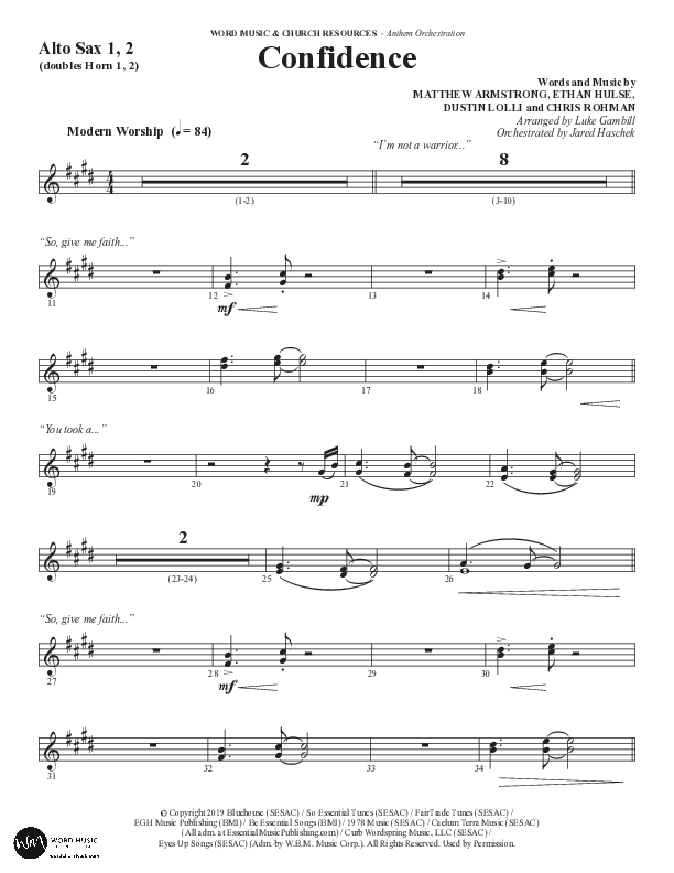 Confidence (Choral Anthem SATB) Alto Sax 1/2 (Word Music / Arr. Luke Gambill / Orch. Jared Haschek)