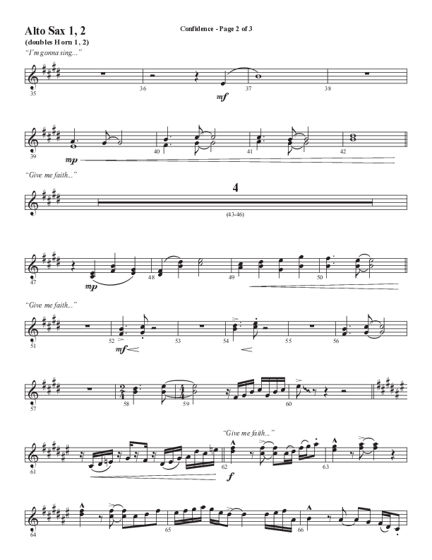 Confidence (Choral Anthem SATB) Alto Sax 1/2 (Word Music / Arr. Luke Gambill / Orch. Jared Haschek)
