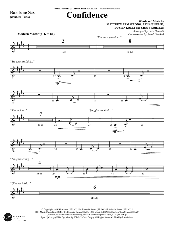 Confidence (Choral Anthem SATB) Bari Sax (Word Music / Arr. Luke Gambill / Orch. Jared Haschek)