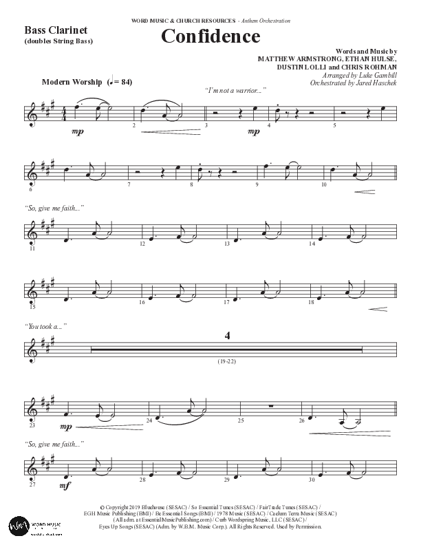 Confidence (Choral Anthem SATB) Bass Clarinet (Word Music / Arr. Luke Gambill / Orch. Jared Haschek)