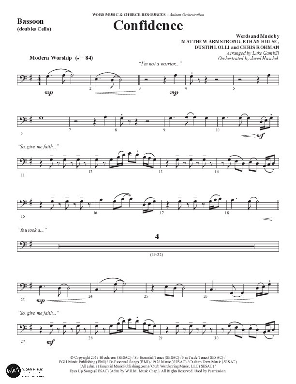 Confidence (Choral Anthem SATB) Bassoon (Word Music / Arr. Luke Gambill / Orch. Jared Haschek)