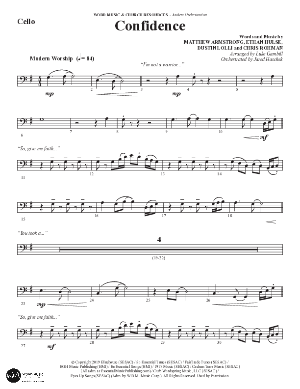 Confidence (Choral Anthem SATB) Cello (Word Music / Arr. Luke Gambill / Orch. Jared Haschek)