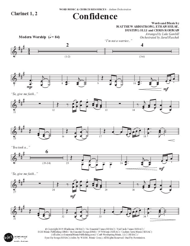 Confidence (Choral Anthem SATB) Clarinet 1/2 (Word Music / Arr. Luke Gambill / Orch. Jared Haschek)