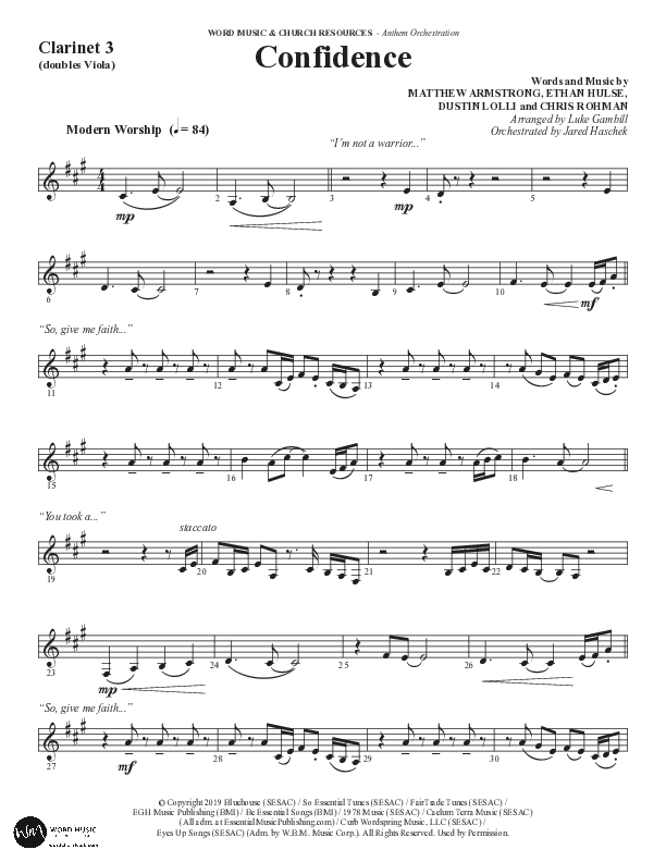 Confidence (Choral Anthem SATB) Clarinet 3 (Word Music / Arr. Luke Gambill / Orch. Jared Haschek)