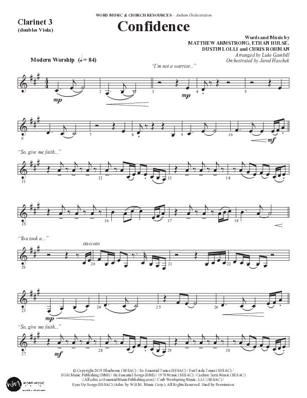 Confidence (Choral Anthem SATB) Clarinet 3 (Word Music / Arr. Luke Gambill / Orch. Jared Haschek)