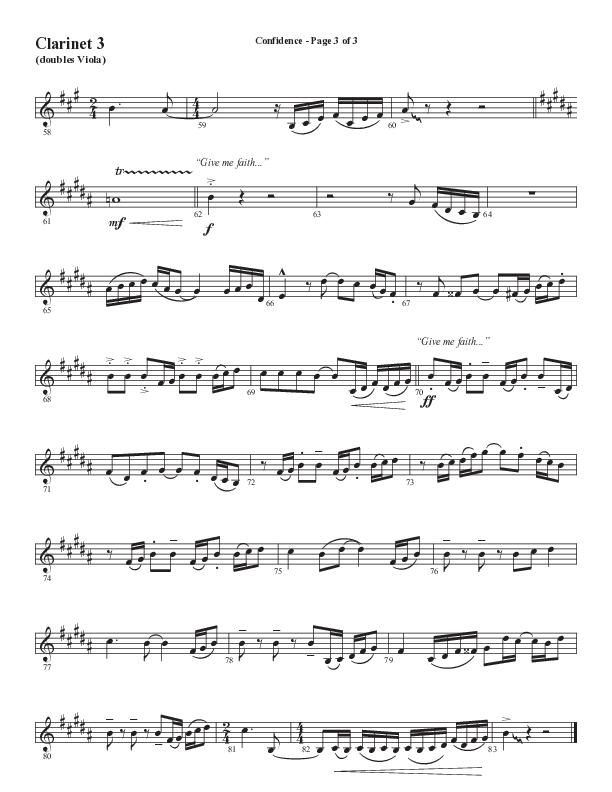 Confidence (Choral Anthem SATB) Clarinet 3 (Word Music / Arr. Luke Gambill / Orch. Jared Haschek)