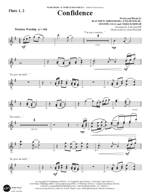 Confidence (Choral Anthem SATB) Flute 1/2 (Word Music / Arr. Luke Gambill / Orch. Jared Haschek)