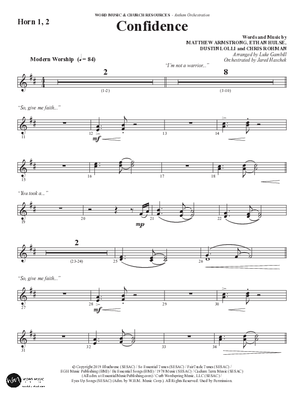 Confidence (Choral Anthem SATB) French Horn 1/2 (Word Music / Arr. Luke Gambill / Orch. Jared Haschek)