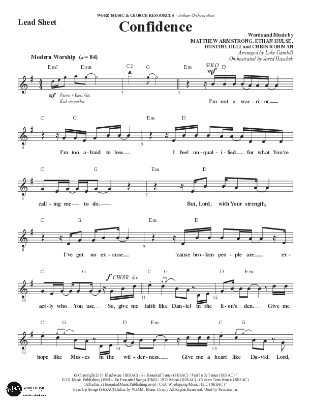 Confidence (Choral Anthem SATB) Lead Sheet (Melody) (Word Music / Arr. Luke Gambill / Orch. Jared Haschek)