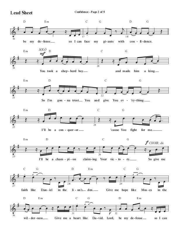 Confidence (Choral Anthem SATB) Lead Sheet (Melody) (Word Music / Arr. Luke Gambill / Orch. Jared Haschek)
