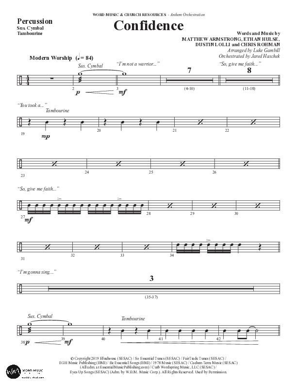 Confidence (Choral Anthem SATB) Percussion (Word Music / Arr. Luke Gambill / Orch. Jared Haschek)