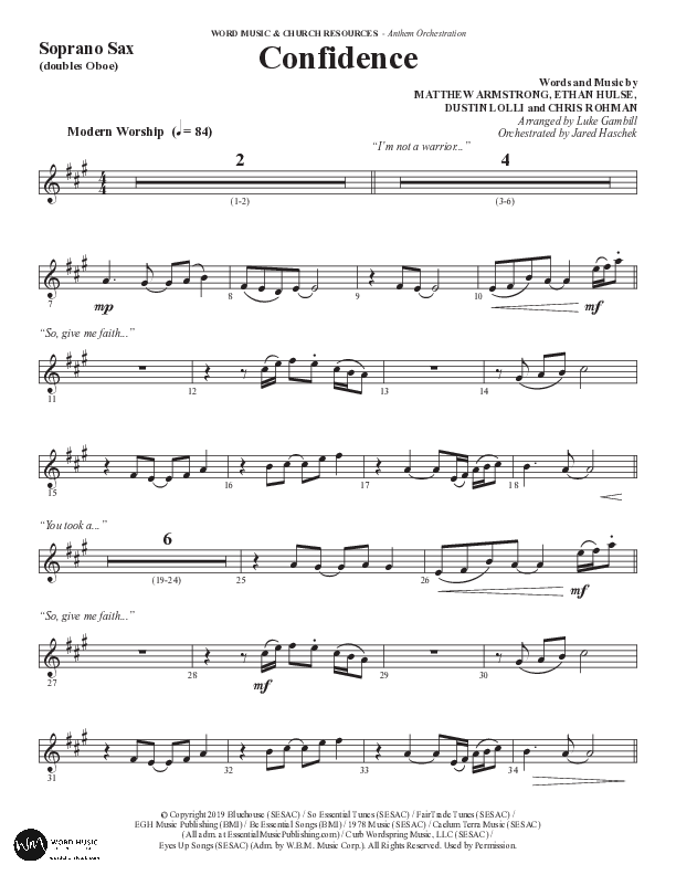 Confidence (Choral Anthem SATB) Soprano Sax (Word Music / Arr. Luke Gambill / Orch. Jared Haschek)