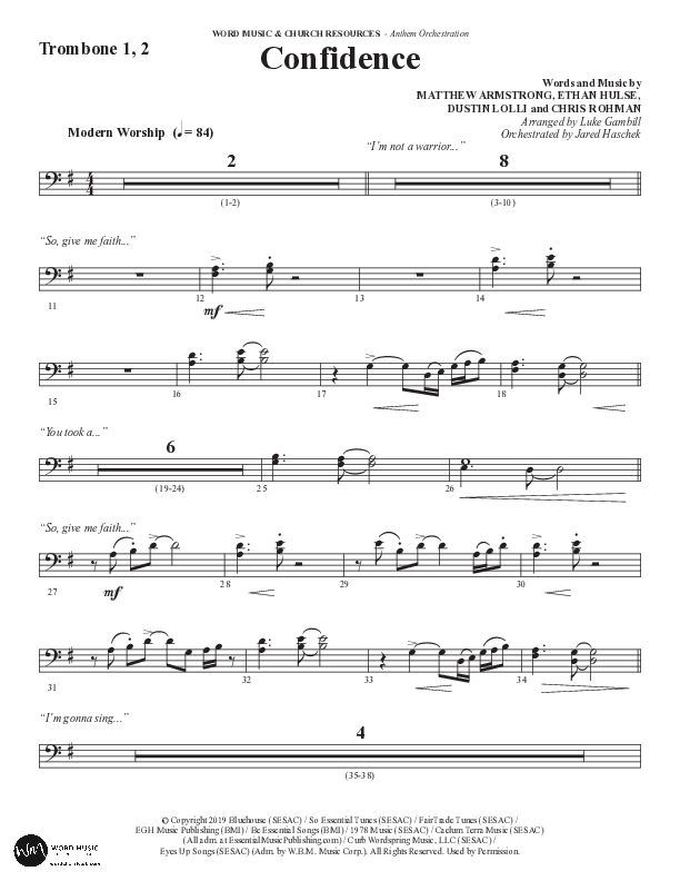 Confidence (Choral Anthem SATB) Trombone 1/2 (Word Music / Arr. Luke Gambill / Orch. Jared Haschek)