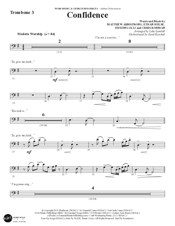 Confidence (Choral Anthem SATB) Trombone 3 (Word Music / Arr. Luke Gambill / Orch. Jared Haschek)