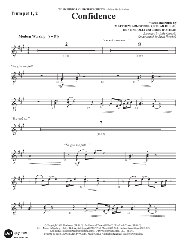 Confidence (Choral Anthem SATB) Trumpet 1,2 (Word Music / Arr. Luke Gambill / Orch. Jared Haschek)