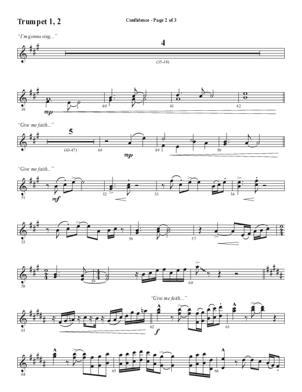 Confidence (Choral Anthem SATB) Trumpet 1,2 (Word Music / Arr. Luke Gambill / Orch. Jared Haschek)