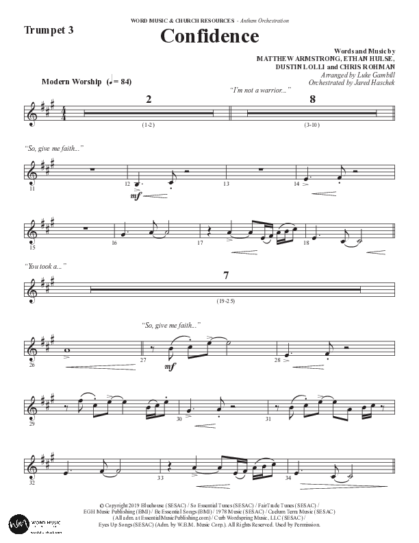 Confidence (Choral Anthem SATB) Trumpet 3 (Word Music / Arr. Luke Gambill / Orch. Jared Haschek)