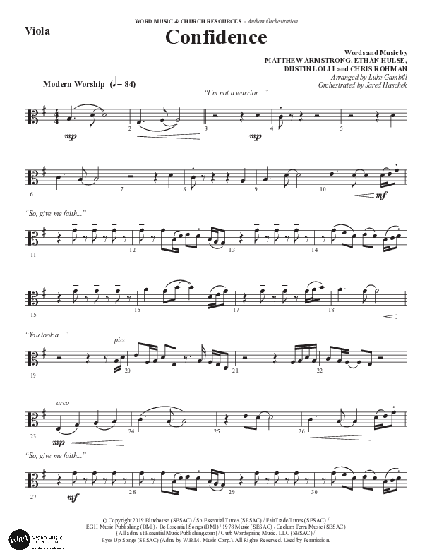 Confidence (Choral Anthem SATB) Viola (Word Music / Arr. Luke Gambill / Orch. Jared Haschek)