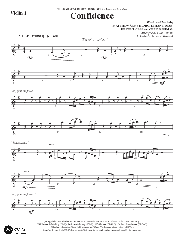 Confidence (Choral Anthem SATB) Violin 1 (Word Music / Arr. Luke Gambill / Orch. Jared Haschek)