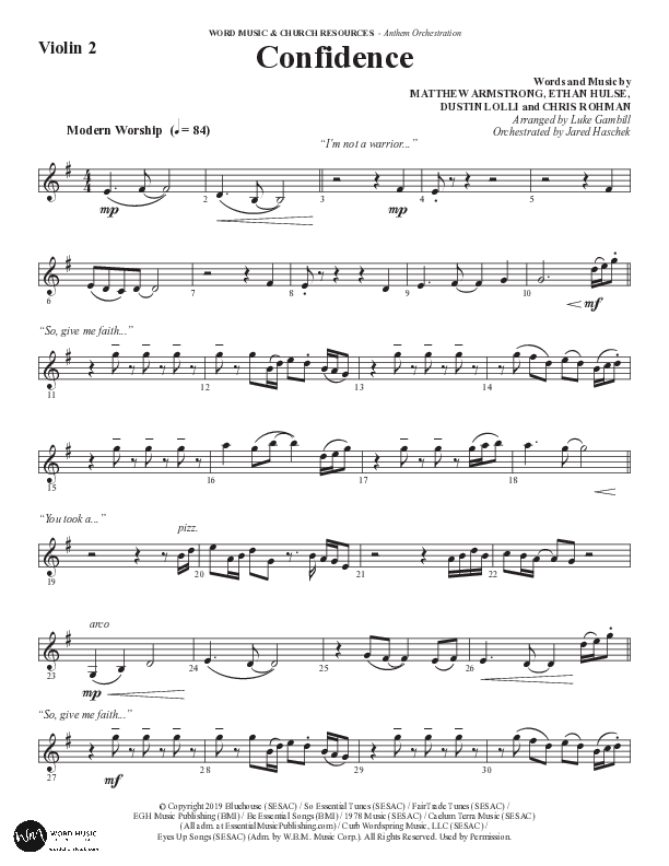 Confidence (Choral Anthem SATB) Violin 2 (Word Music / Arr. Luke Gambill / Orch. Jared Haschek)