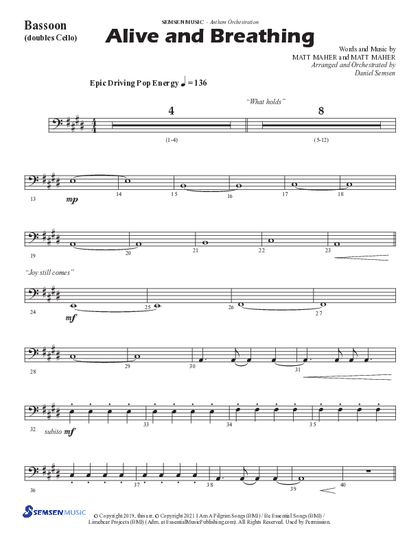 Alive And Breathing (Choral Anthem SATB) Bassoon (Semsen Music / Arr. Daniel Semsen)